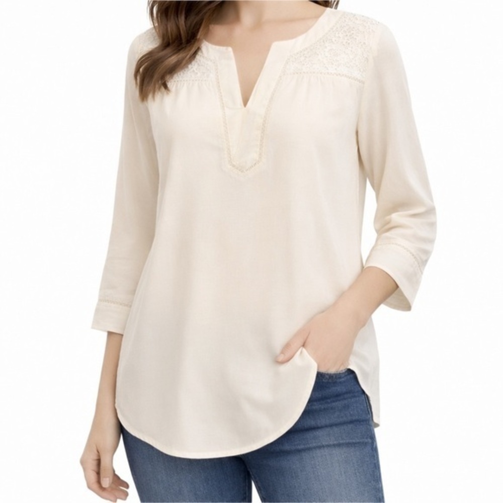 Rebecca Taylor Silk Blend Ivory Lace Trim Split Neck Boho Blouse Top Sz 2/small